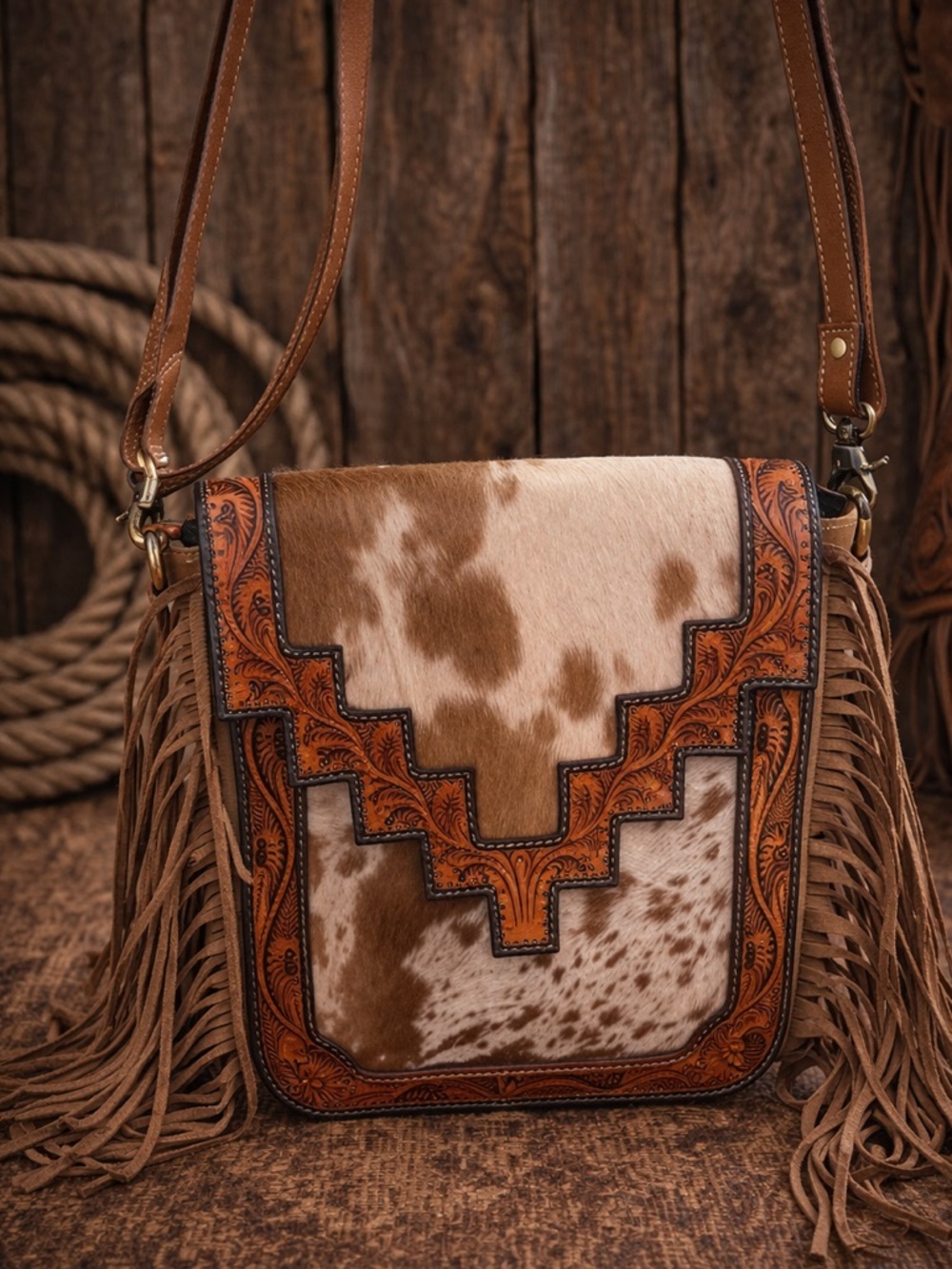 Hand-Tooled Leather Crossbody Bag with Turquoise Accents - Brown